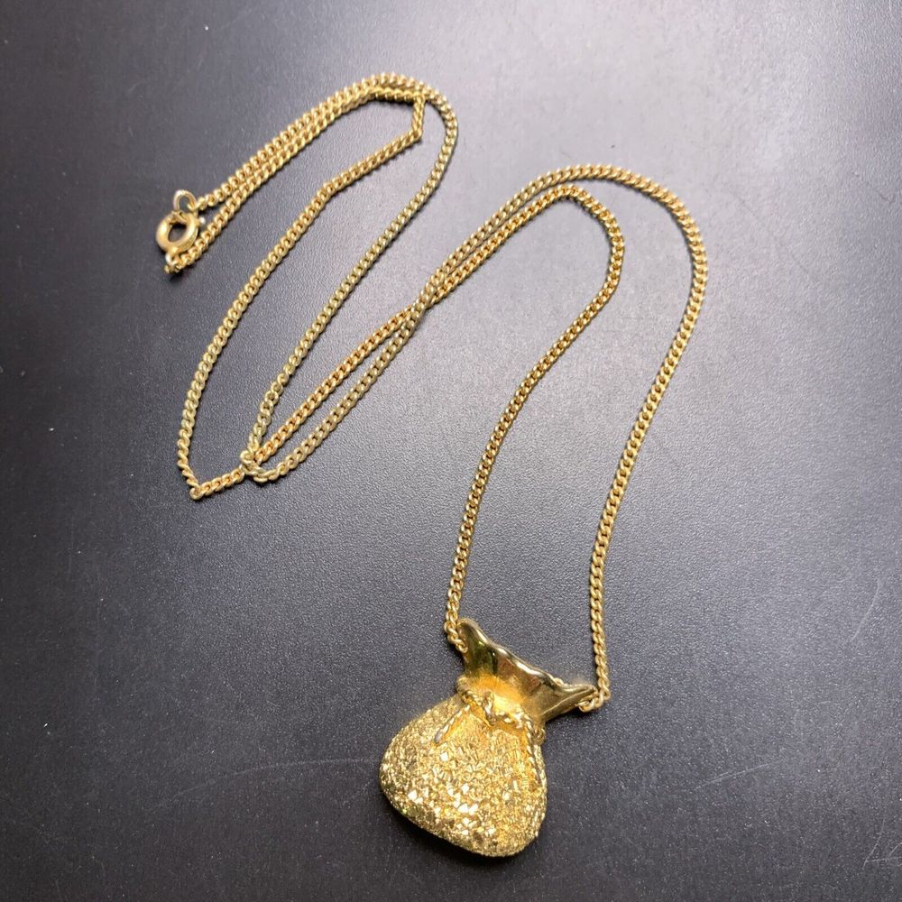 Nugget Texture Money Bag Pendant Necklace Faux Gold Luck Vintage